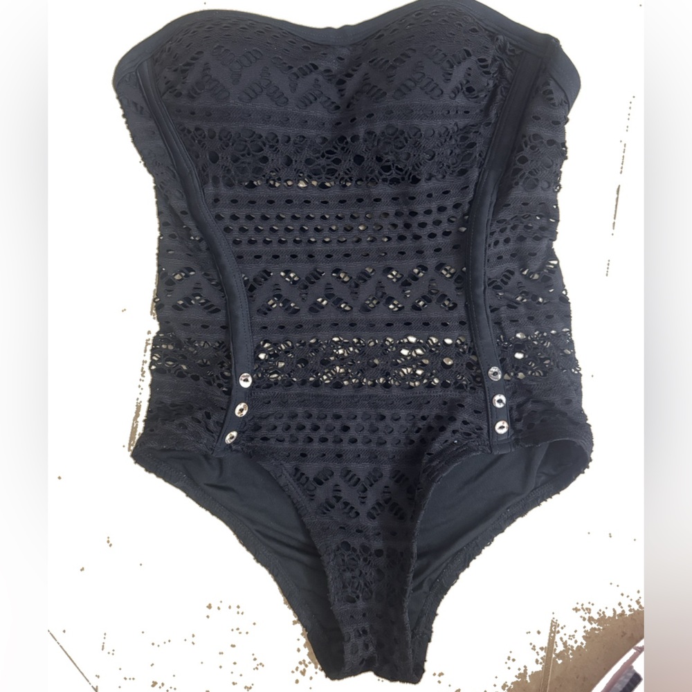 Black Crochet One-Piece Strapless Swimsuit